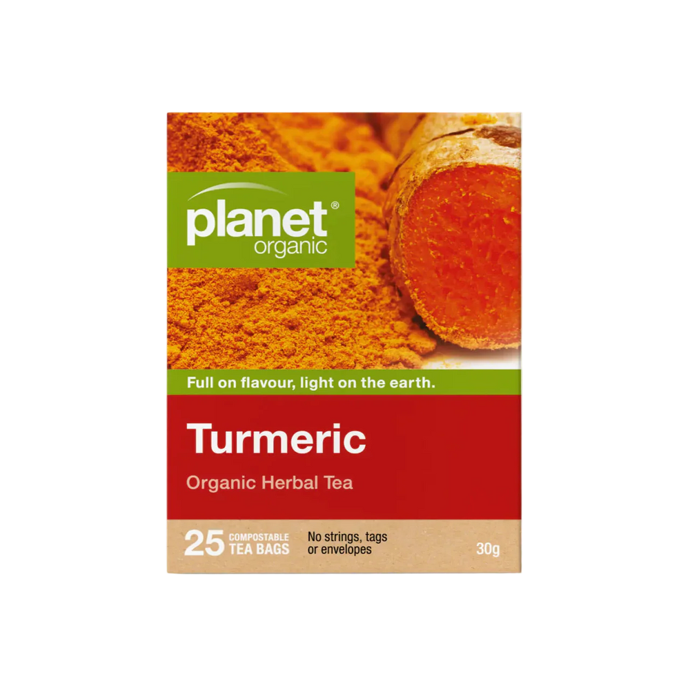 Planet Organic Turmeric Herbal Tea package on a white background