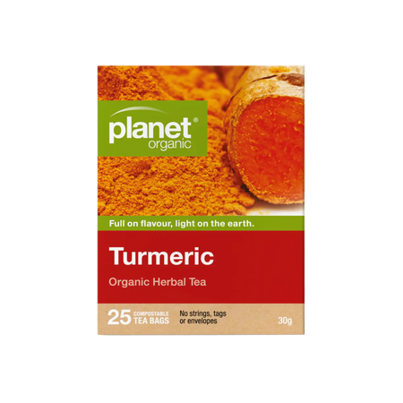 Planet Organic Turmeric Herbal Tea package on a white background